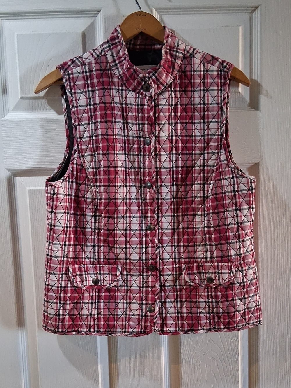 Christopher & Banks Quilted Plaid Sleeveless Vest - Pink Plaid